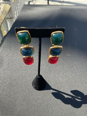 Kenneth Jay Lane Multicolor Jelly Cabochon Gold Bezel Drop Dangle Earrings Clip